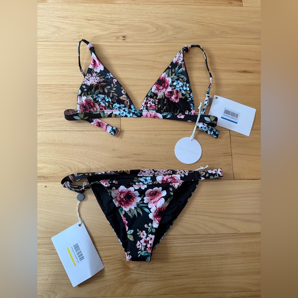 Tori Praver Floral Black and Pink Bikini Set